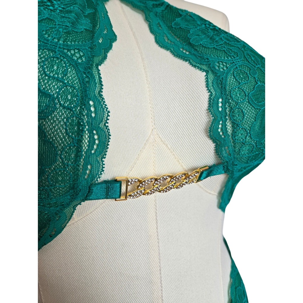 Victoria's Secret Green Lace Cutout Teddy Bodysuit Size L Sexy Gold Chain Glam - Picture 6 of 9
